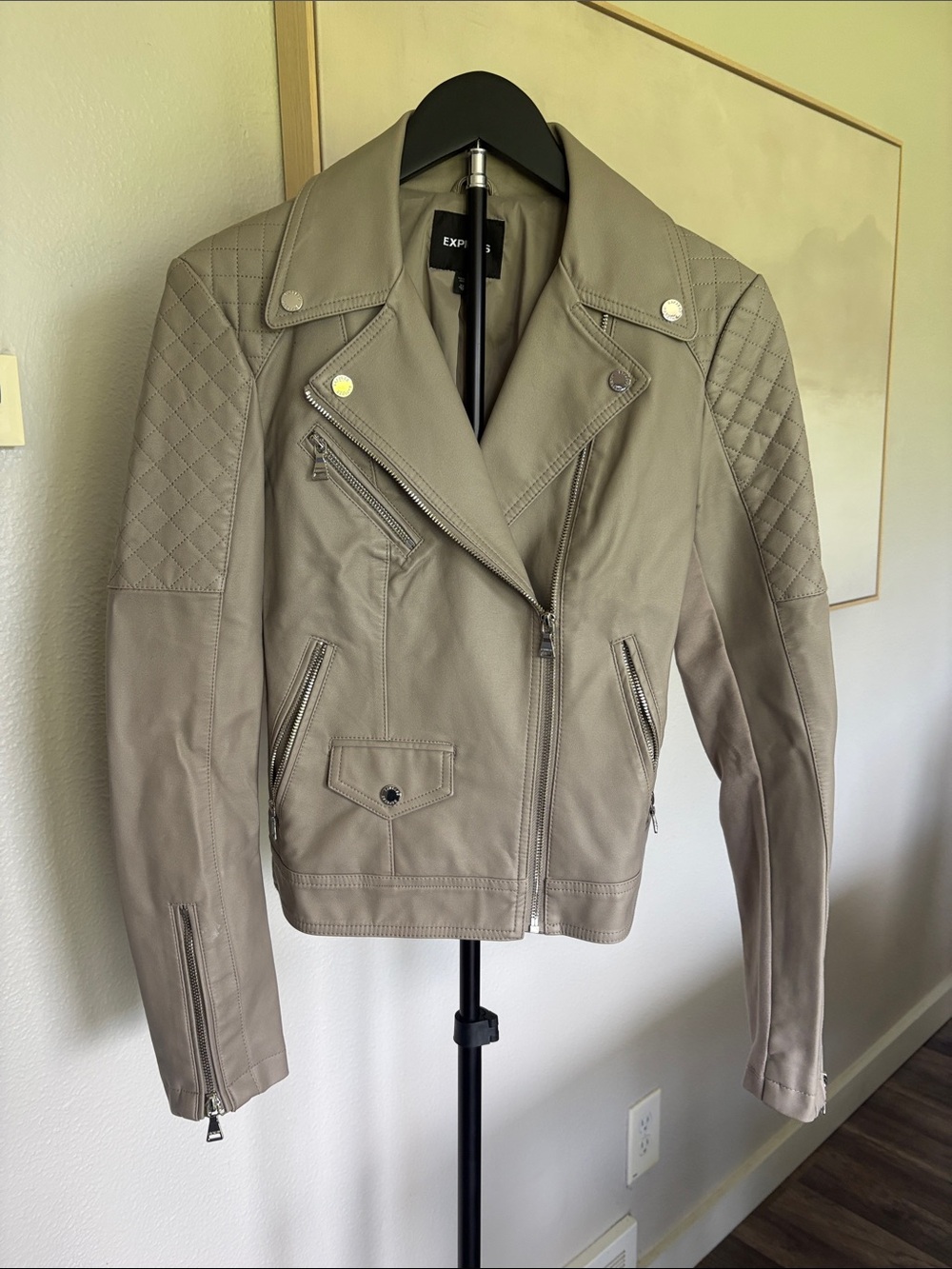 Express Quilted Shoulder Leather Moto Jacket - Taupe Gray